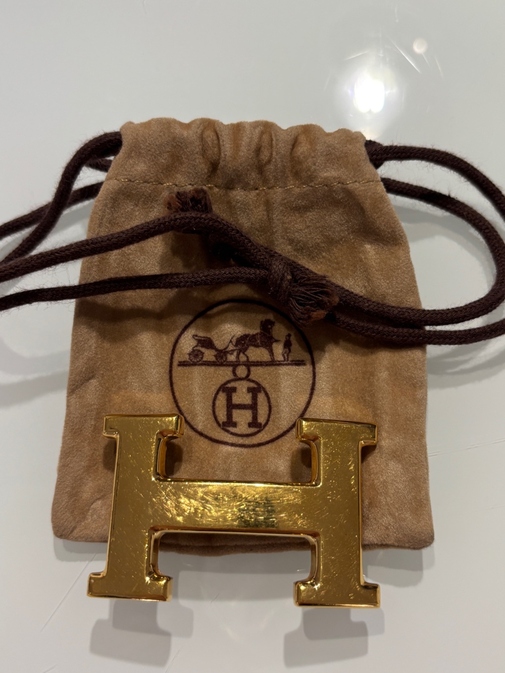 Vintage Hermès Gold-Tone H Belt Buckle with Early-Style Brown Hermès Pouch